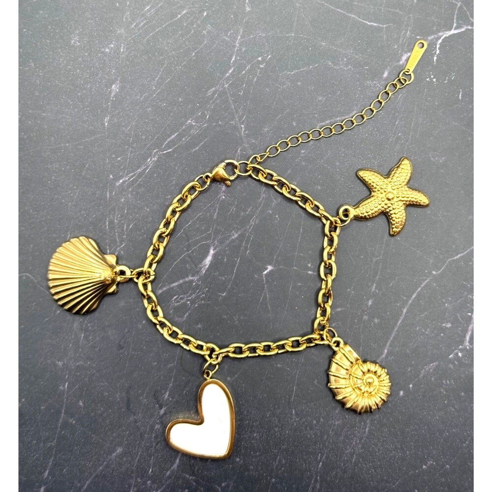 18K Gold Plated Starfish Shell Heart Bracelet Stainless Steel Adjustable NEW - Picture 5 of 5